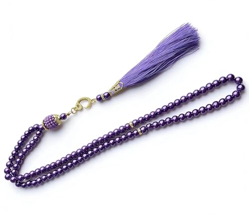 Tasbih Muslim Prayer Praise Beads, 6mm 99 Beads Glass Pearl Muslim Rosary Bracelet with Tassel, Natural Bead Pearls Tassel Pendant, Men Women Meditation Jewelry, Purple - color: Purple