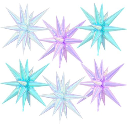 6 Pcs Iridescent Explosion Star Foil Balloons Birthday Mermaid Decor - color: Iridescent Blue Purple