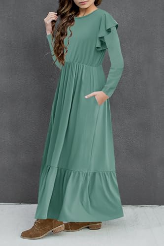 HOSIKA Girls Fall Ruffle Long Sleeve Crew Neck Loose Casual Flowy Tiered Maxi Dress with Pockets for 6-12 Y - color: Sage, size: 10 Years