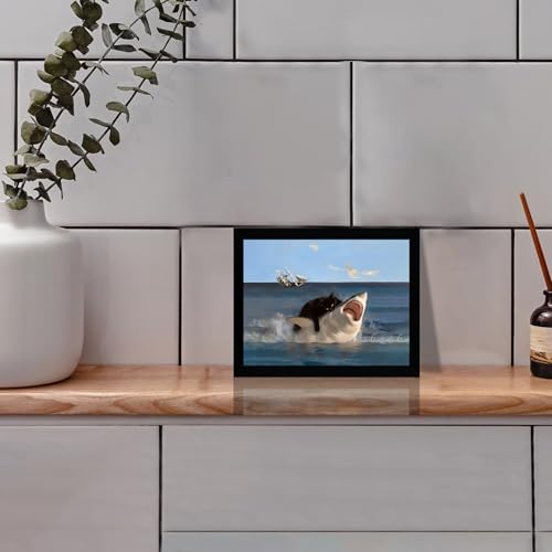 ICHZUMW Framed Funny Black Cat Biting Shark Ocean Canvas Wall Art 8x10 In - color: Black Shark Rider, size: 10"L x 8"W