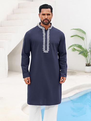 Runcati Mens Kaftan Thobe Cotton Henley Shirt Long Sleeve Embroidery Robe Casual Kurta Muslim Gown Shirt - color: Navy, size: XX-Large