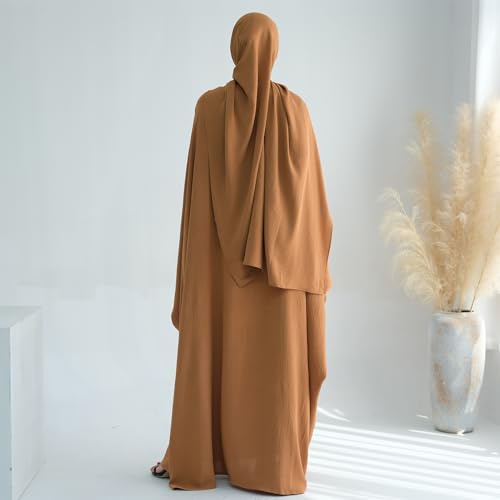 ODIZLI Abayas For Women Muslim Dubai Full Cover Kaftan Shirt Dress Batwing Sleeve Prayer Dress With Hijab - color: Brown + Hijab, size: One Size