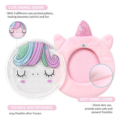 Hilph Kids Ice Packs for Boo Boos, Reusable Gel Cold Packs for Toddlers Injuries, 3 Pcs Hot & Cold Compress with Cute Plush Sleeves for Pain Relief, Fever, Wisdom Teeth, First Aid, Bumps (Unicorn) - style: A-Duck&elk&unicorn