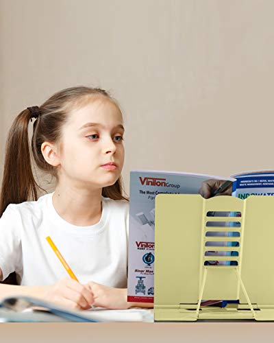 MSDADA Desk Book Stand Metal Reading Rest Book Holder Adjustable Cookbook Documents Holder Portable Sturdy Bookstands for Recipes Textbooks Tablet Music Books with Page Clips (Light Yellow) - color: Light Yellow