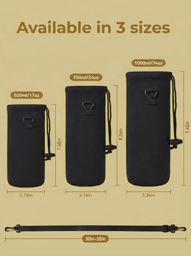 Neoprene Water Bottle Carrier Bag with Adjustable Shoulder Strap,Insulated Water Bottle Cover for Stainless Steel/Glass/Plastic Bottles - color: Charcoal Black, size: 500ml