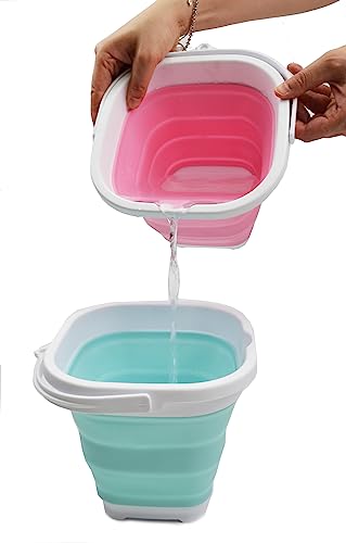 SAMMART 2.6L (0.68 Gallon) Super Mini Sqare Collapsible Plastic Bucket - Foldable Square Tub - Portable Fishing Water Pail - Space Saving Outdoor Waterpot (1, White/Pink) - color: White/Pink