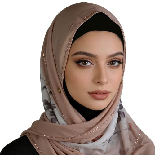 Chiffon Rhinestone Muslim Headscarf - color: Beige Floral Print 
