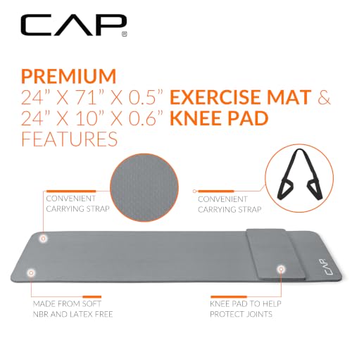 CAP Barbell 1/2-Inch High Density Exercise Yoga Mat with Strap | Multiple Options - color: Gray, style: Yoga Mat w/Knee Pad