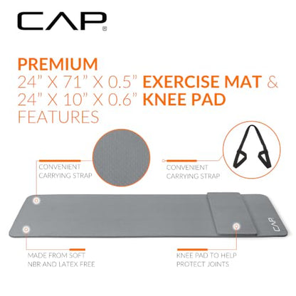 CAP Barbell 1/2-Inch High Density Exercise Yoga Mat with Strap | Multiple Options - color: Gray, style: Yoga Mat w/Knee Pad