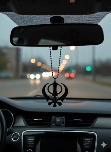 BEXCO Sikh Khanda Metal Car Hanging Show Peice - 8cm with Metal thread-16cm .(Metal, Black) - color: Black, size: 8 cm