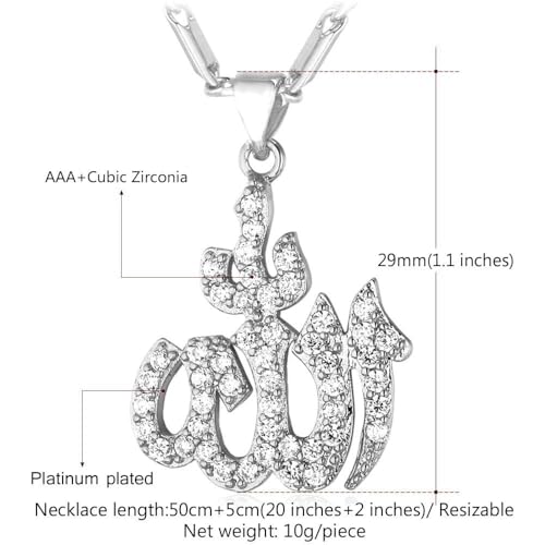 U7 Allah Pendant Necklace with Chain Platinum / 18K Gold Plated Muslim Jewelry Islamic Pendant - color: 01.Platinum Iced Out