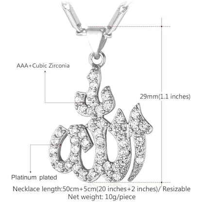 U7 Allah Pendant Necklace with Chain Platinum / 18K Gold Plated Muslim Jewelry Islamic Pendant - color: 01.Platinum Iced Out
