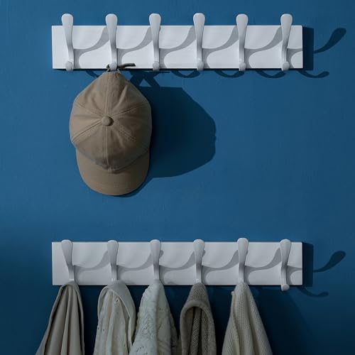 SKOLOO Wall Mount Coat Rack - White Wooden Wall Coat Hooks, Pack of 2, 6 Hooks for Coats, Hats, Clothing, Scarves - color: White(6 Hooks)