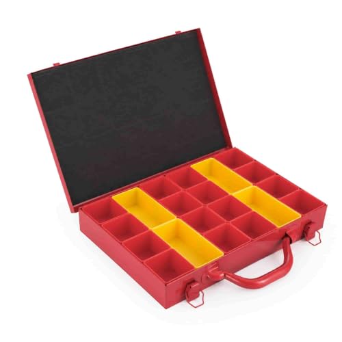 Metal Hardware Organizer with 20 Removable Compartments, Red | Heavy Duty Steel, Dual Latches for Secure Closing, Organizes Bolts and Nuts, No Migrating Between Bins - color: Red, size: 13" x 9" x 2" | 20 Cups