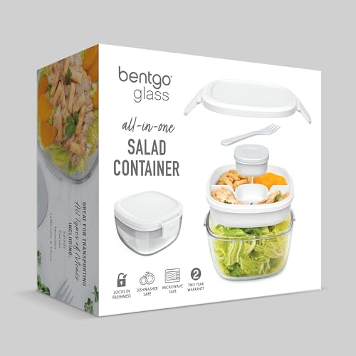 Bentgo Glass Salad Container - 7.6-Cup Salad Bowl with Airtight Lid, Leak-Proof Sauce Container, 4-Compartment Bento Tray & Reusable Fork - BPA-Free for Meal Prep, Office & More (White) - color: White