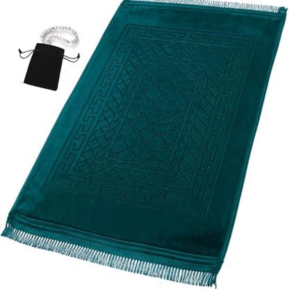 Prayer Rug Muslim Mat Islamic - Thick Prayer Rug Sajadah for Kids Men Women with Islam Prayer Beads for Eid Travel Ramadan, Soft and Luxury (Royal Green) - color: D Green