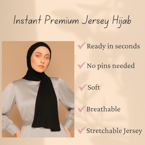 Instant Jersey Hijab for Women – Pre-Sewn Slip-On One-Piece, Soft Stretch, Opaque & Breathable - color: Black