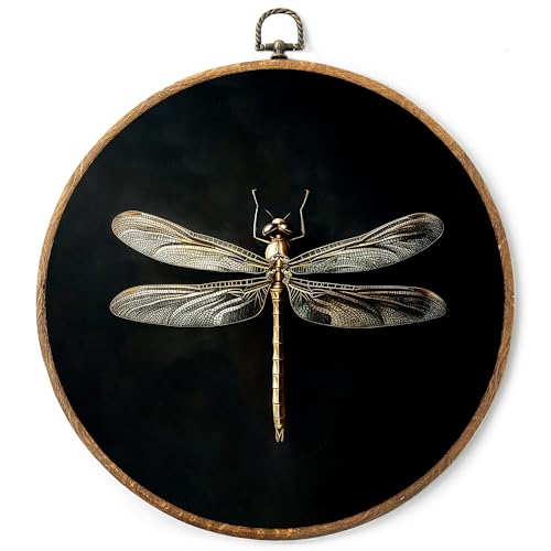 AYQJCBGC Vintage Dragonfly Round Framed Wall Art, Cottagecore Retro Canvas Wall Decor, Dark Academia Framed Prints Hanging Decor for Home Bedroom Living Room, 10x10 Inch. (004) - color: Gold Dragonfly-1