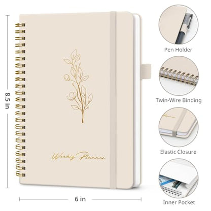 Taja Undated Weekly Planner, Weekly To Do List Notebook with Goal & Habit Tracker Organizer, A5 Weekly Planner Notebook with Spiral Binding, 6.1" x 8.2" - Beige - color: v.Beige
