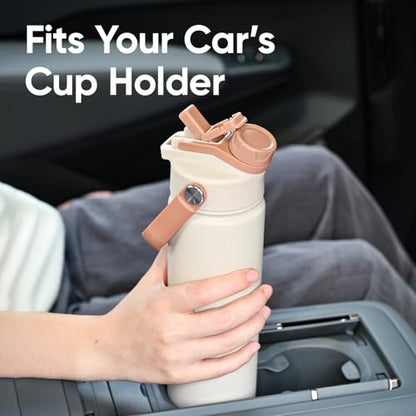 24 oz Insulated Water Bottle, 2-in-1 Lid, Straw & Spout with Protected, Leak Proof, Keep Cold 24H, Cup Holder Fit, Stainless Steel, Metal, Reusable, for Travel, Gym and School, 2 Lids, Mousse - color: Mousse, size: 24 Ounces