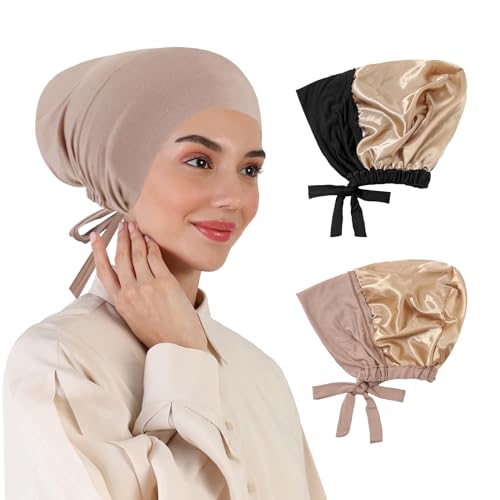 XEPST 2 PCS Hijab Undercap for Women, Satin Undercap for Hijab Islamic Muslim Under Hijabcap Modal Head Wraps Tie Back Bonnet Inner Head Scarf Turbans for Women Chemo Hat Sleep Cap, Black+Khaki