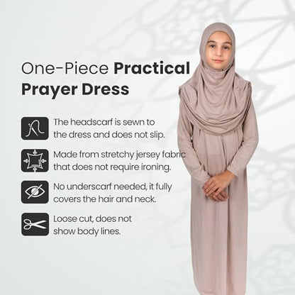 ihvan online Muslim Dress for Girls, Long Sleeve One-Piece Islamic Prayer Dress, Hijab for Kids, Girls Abaya, Islamic Gifts - color: Ecru