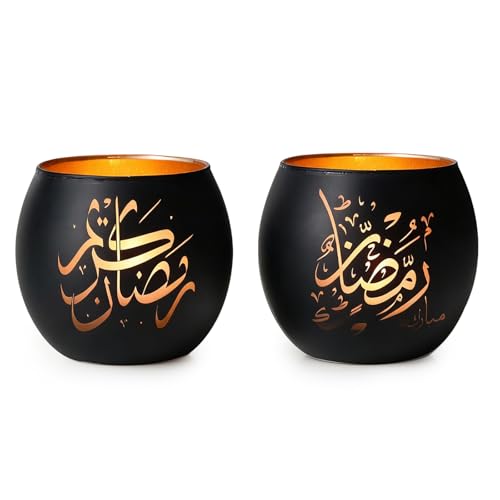 Eid Mubarak Decorations Indoor, Arabic Calligraphy 2 Pcs Laser Etched Glass Tealight Candle Holders, Ramadan Kareem & Ramadan Mubarak Votive Holders for Table Decor, Islamic Gifts - color: Black