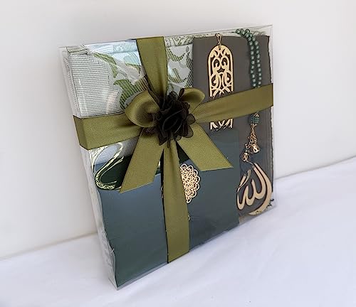 SAIKA Muslim Prayer Rug, 7 in One Gift Set, Prayer Mat Surah Book, Tasbeeh, Scarf, Surah Case, Bookmark, Car Mirror Hanger, Prayer Beads,Islamic Gift for Umrah, Hajj, Wedding, Janamaz (Green) - color: Green
