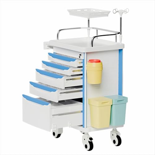 Crash Cart with Central Lock - Mobile Emergency Treatment Trolley with IV Pole, Cardiac Board, O₂ Tank Holder, Trash Bin & 5 Drawers for Clinics Nursing Center (Blue) - color: Blue