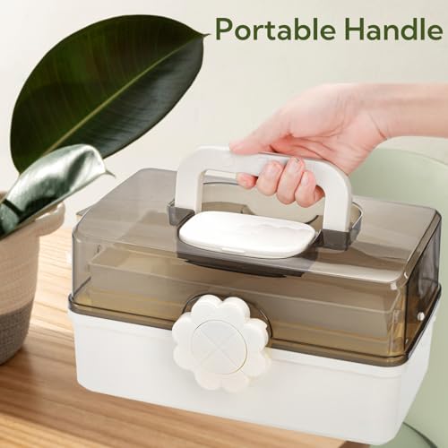 ZOOFOX Three-Layer Plastic Dividing Storage Box, Folding Tool Box Organizer with 2 Trays, Multipurpose Home Utility Case for Medicine, Sewing, Hair Accessories and Cosmetic
