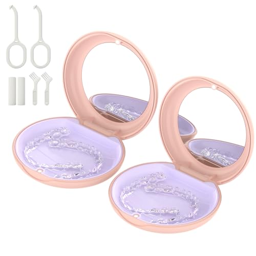 2 Pack Retainer Case with Mirror, Aligner Case Kit for Invisalign | 2 Pack Slim Magnetic Retainer Case with Mirror • Pocket-Size for Travel • Full Kit: Removal Tool, Aligner Seater & Brush - color: 2 Pack - PinkMirror