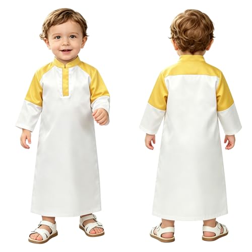 Hansber Arabic Prince Costume Baby Boys Muslim Islamic Kaftan Thobe Long Sleeve Robe for Halloween Party - color: Yellow, size: 4-5T
