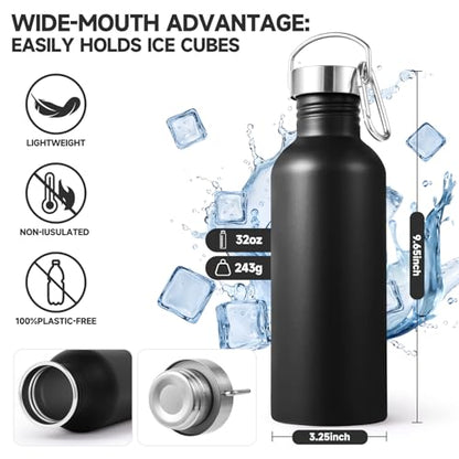 Volhoply 32oz Uninsulated Single Walled Water Bottle, Stainless Steel Sports Water Bottles with Handle, BPA Free Lightweight Water Bottles for Hiking, Biking, Running（Black,1） - color: Black