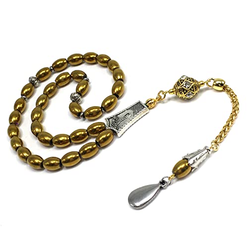 -Gentle Men Collection- Prayer Beads-Worry Beads-Tesbih-Tasbih-Tasbeeh-Misbaha-Masbaha-Subha-Sebha-Rosary (Non-Magnetic Gold Drum Hematite -6x9 mm- 33 Beads) - color: Non-Magnetic Gold Drum Hematite -6x9 mm- 33 Beads