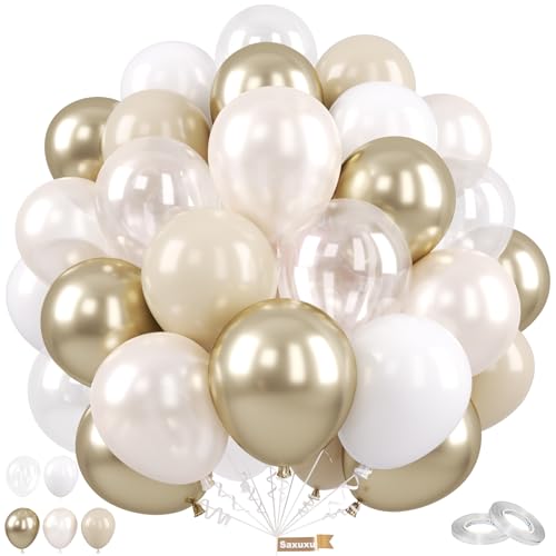 Gold and White Balloons, 12 Inch Gold Balloons, Nude Metallic Champagne Gold Balloons, Pearl White Clear Latex Balloons for Wedding Engagement Anniversary Men Women Birthday Party Decorations - color: White Gold, size: 50 Pcs