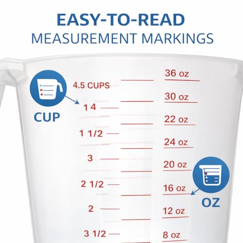 4 Cup Plastic Measuring Cup 32 oz Clear Liquid Measuring Pitcher with Easy Pour Spout and Marked Measurements for Cooking, Baking and Kitchen Use
