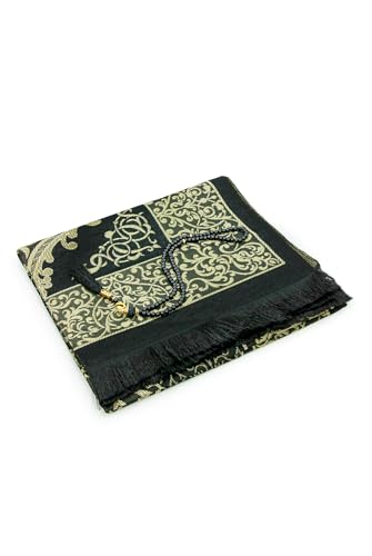ihvan online Muslim Prayer Rug with 99 Beads Tasbih & Travel Bag, Soft Taffeta Sajadah, Lightweight & Foldable Janamaz, Portable Prayer Mat, Islamic Gift for Eid, Ramadan, Hajj & Umrah, Black - color: Black