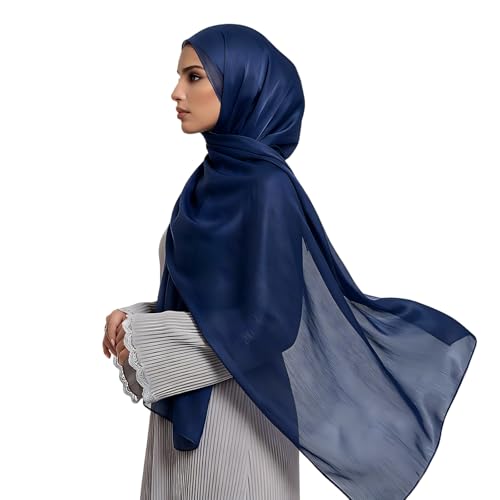 Organza Sheen Shimmer Crepe Hijab Scarf for Women Lightweight Sheer Shawl Wrap for Wedding and Evening Dresses - color: Dark Blue