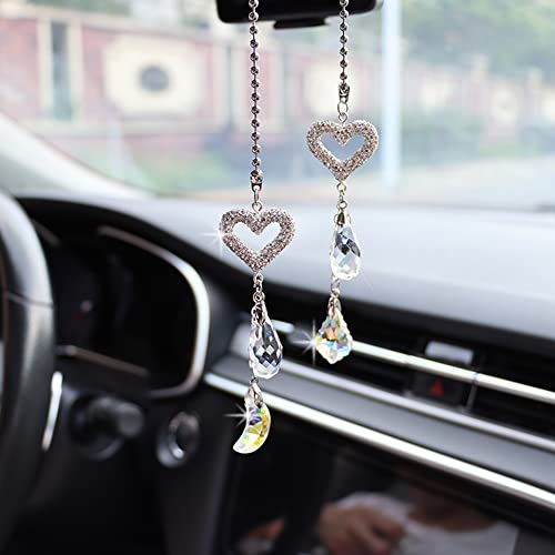 Car Mirror Hanging Accessories Car Accessories for Women, Love Crystal Car Mirror Charms Cute Car Rear View Mirror Hanging Ornament, for Car Interior Decor Pendant Anniversary (Hollow) - color: Hollow