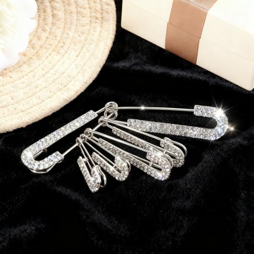 6Pcs Decorative Safety Pins, Ymapinc Silver Rhinestone Pins for Clothes, Silver Rhinestone Fancy Brooch for Women Large & Small Crystal Brooches, Fashion Pin, Hats & Scarves