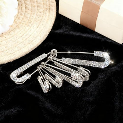 6Pcs Decorative Safety Pins, Ymapinc Silver Rhinestone Pins for Clothes, Silver Rhinestone Fancy Brooch for Women Large & Small Crystal Brooches, Fashion Pin, Hats & Scarves