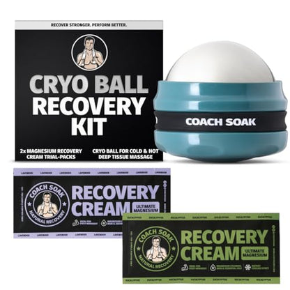 Coach Soak Massage Roller Ball - Hot & Cold Stainless Steel Cryo Ball | Includes 2X Magnesium Cream Sachets - Handheld Deep-Tissue Recovery Tool with Silicone Grip Control