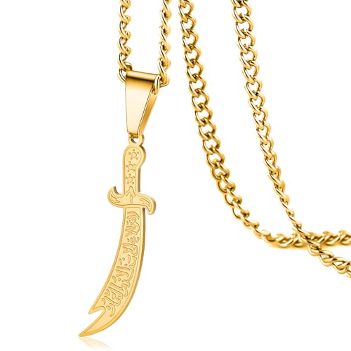VASSAGO Sword Necklace for Men Women Zulfiqar Sword Necklace Imam Ali Zulfiqar Pendant Arabic Rune Islamic Muslim Jewelry Talisman Amulet Religious Gift - color: Gold