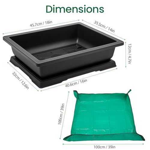 GROWNEER 3Pcs 18 Inch Bonsai Training Pots with Drainage Humidity Trays & Repotting Mat, Large Bonsai Tree Pot Kits for Starter, Succulent Growing Planter Set for Garden Indoor Outdoor - size: 3pcs/18x14in