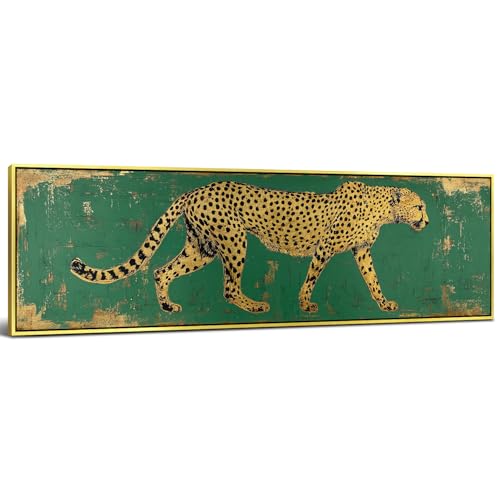 Vintage Gold Framed Cheetah Wall Art Emerald Green Wall Decor Retro Leopard Picture Prints Boho Decor Abstract Safari Animal Canvas Poster Painting Wildlife Artwork for Living Room Decorations 14x48” - color: Cheetah