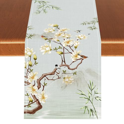 Chinoiserie Table Runner, Traditional White Floral Bird Vintage Bamboo Asian Oriental Landscape Table Runner for Coffee Table Home Party Kitchen Dining Table Wedding Party Decor, 13x36 inches - color: Tr-bird04, size: 13x36" Table Runner
