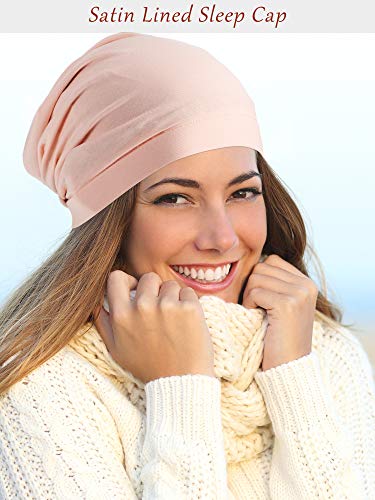 SATINIOR 4 Pieces Satin Lined Sleep Cap Silk Bonnet for Sleeping Women, Silk Hair Wrap Slouch Beanie Hat - color: Black, Grey, Dark Blue, Pink