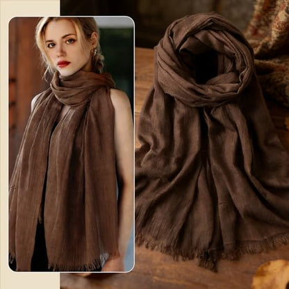 Extra Large Cotton Linen Shawl Wrap for Women, Elegant Scarf with UV Protection Breathable Lightweight Head Cover Hijab - color: Coffee Brown