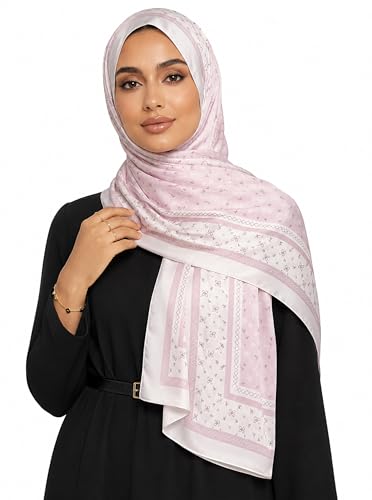 Satin Hijab Scarf for Women, Silk-Feeling Muslim Headscarf, Digital Bow Letter Print Head Wrap Shawl for Summer - color: Mlp004-lightpink