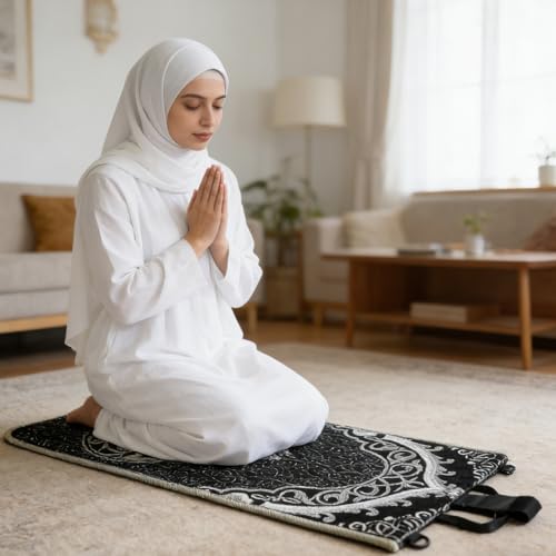 Qianliniuinc Portable Prayer Mat, Foldable Prayer Rug with Back Support, 36x78cm Islamic Prayer Mat, Includes Kufi Hat & 99 Beads Tasbih, Meditation Rug for Muslim, Ramadan Gift Set (Black) - color: Black